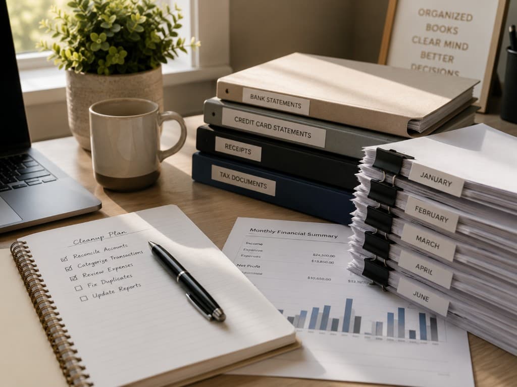 Organized bookkeeping binders and monthly financial paperwork
