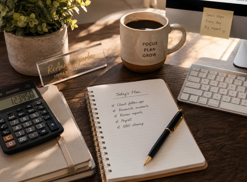 Organized desk with planner, calculator, and coffee